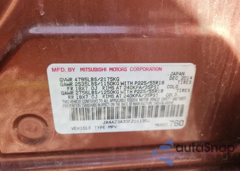 2015 Mitsubishi Outlander Se from USA, damaged, VIN JA4AZ3A33FZ011352